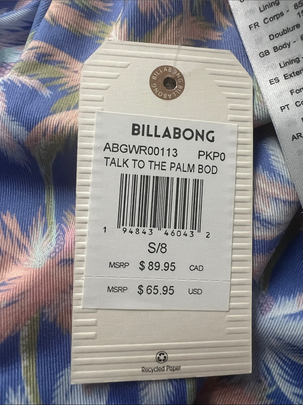 Billabong Talk to the Palm Pastel Blue and Pink Palm Print Body Suit Rash Guard - Picture 6 of 6